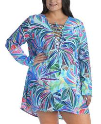 Plus Size Palm Lace-Up Tunic Cover-Up