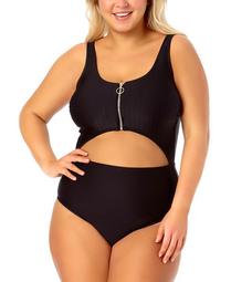 California Waves Trendy Plus Size One-Piece Zip-Front Swimsuit, Created for Macy's