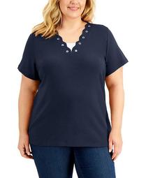 Plus Size Cotton Layered-Look Scalloped Grommet Top, Created for Macy's