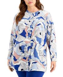 Plus Size Printed Collarless Blouse, Created for Macy's