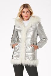 Hooded Metallic Faux-Fur Puffer Coat