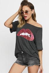 Loose Fit Top Featuring Sequin Lip Patch