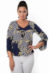 Navy Yellow 3/4 Sleeve Blouse Top