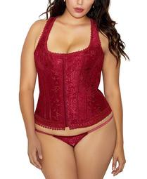 Women's Plus Size 2 Piece Brocade Hook and Eye Racer Back Corset and Panty Set