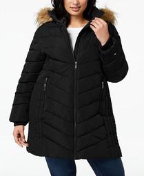 Plus Size Faux-Fur Trim Hooded Water-Resistant Puffer Coat, Created for Macy's