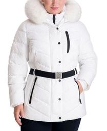 Plus Size Belted Faux-Fur Trim Hooded Puffer Coat