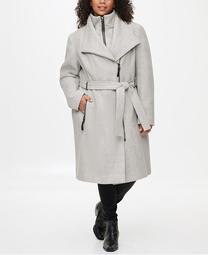 Plus Size Faux-Leather-Trim Belted Coat, Created for Macy's