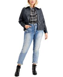 Juniors' Trendy Plus Size Faux-Fur-Collar Faux-Leather Jacket