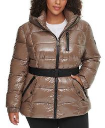 Plus Size Hooded Belted Puffer Coat