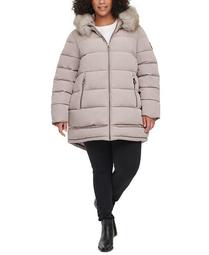 Plus Size Faux-Fur-Trim Hooded Water-Resistant Puffer Coat