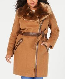 Plus Size Asymmetrical Belted Faux-Fur-Collar Coat, Created for Macy's