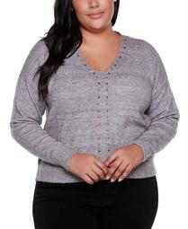 Black Label Plus Size V-Neck Long Sleeve Sweater With Embellishment