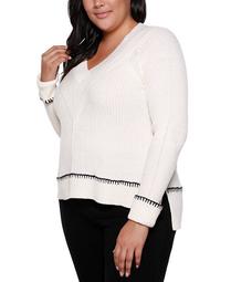 Black Label Plus Size Crossover V-Neck Sweater With Cuffed Sleeves