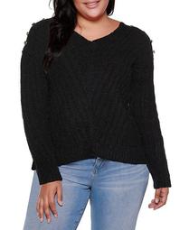 Black Label Plus Size V-Neck Rib Knit Sweater With Embellishment