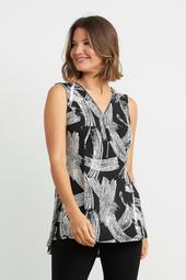 Eye-catching, etching-inspired print v-neck, sleeveless top. Accented with a shimmering zip detail.