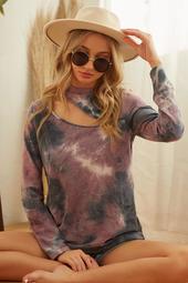 Tie Dye Distressed Knit Top With Front Neck Cut Out