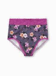 Heather Grey & Pink Floral Wide Lace Cotton High Waist Panty