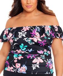 Plus Size Printed Ruffled Off-The-Shoulder Tankini Top, Created for Macy's