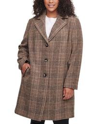 Plus Size Plaid Faux-Leather-Trim Walker Coat, Created for Macy's