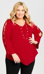 V Neck Cage Sleeve Top - red