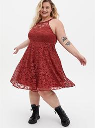 Marsala Red Lace Sweetheart Neck Skater Dress