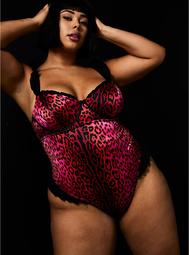 Betsey Johnson Hot Pink Leopard Satin Ruffle Underwire Thong Bodysuit