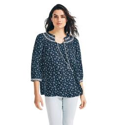 FLORAL EMBROIDERED THREE-QUARTER SLEEVE TOP