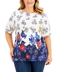 Plus Size Elbow-Sleeve Printed Top, Created for Macy's