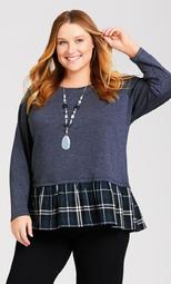 Long Sleeve Sweater with Plaid Babydoll - navy