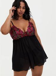 Black & Pink Heart Embroidered Mesh Babydoll