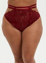 Dark Red Lace Cutout Cage High Waist Thong Panty