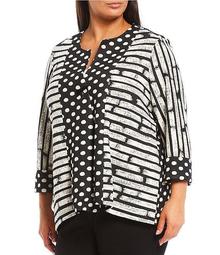Plus Size Stripe and Dot Print Jacquard Flyaway Jacket