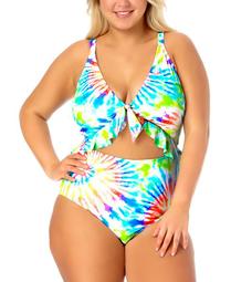 California Waves Trendy Plus Size Tie-Dyed Cutout One-Piece Swimsuit, Created for Macy's