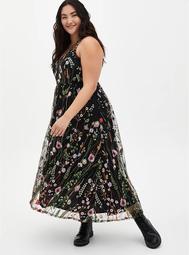 Black Floral Embroidered Mesh Maxi Dress