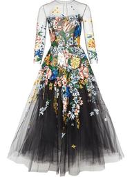 floral-embellished tulle midi dress