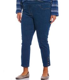 Plus Size Button Detail Pull-On Stretch Denim Ankle Pants
