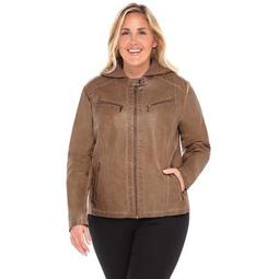 Sebby Collection Women's Plus Faux Leather Racing Jacket with Detachable Cable Knit Hood