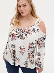 White Floral Crepe Balloon Sleeve Cold Shoulder Blouse
