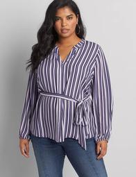 Striped Notched-Neck Belted Top