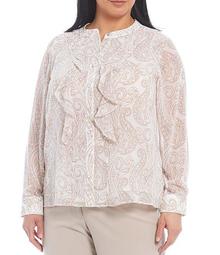 Plus Size Chiffon Paisley Print Banded Collar Ruffle Cascade Front Details Button Up Blouse