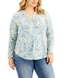 INC Plus Size Floral-Print Zip-Pocket Top, Created for Macy's