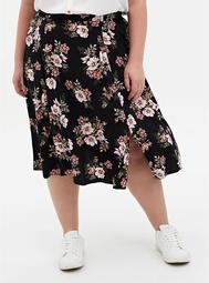 Black Floral Stretch Challis Slit A-Line Midi Skirt