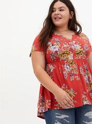 Super Soft Cranberry Red Floral Button Front Babydoll Tee