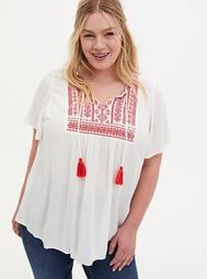 White & Pink Crinkle Gauze Embroidered Blouse