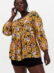 Golden Yellow Floral Crinkled Gauze Fit & Flare Top
