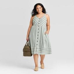 Women's Plus Size Striped Sleeveless Button-Front Sun Dress - Universal Thread™ Green