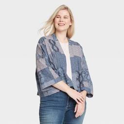 Women's Patchwork Cropped Kimono Jacket - Universal Thread™ Navy