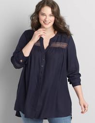 Button-Front Mesh-Inset Tunic 