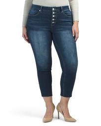 Plus Exposed Button Jeans With Raw Hem