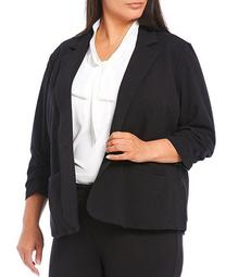 Plus Size French Terry Knit Notch Lapel 3/4 Sleeve One Button Jacket